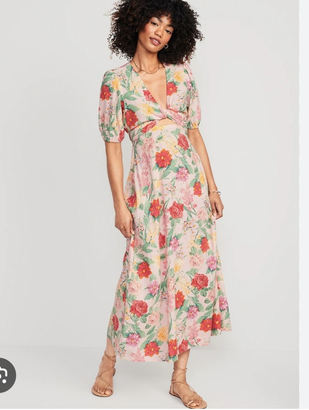 Old Navy Fit & Flare Linen Blend Floral Twist-Front Maxi Dress